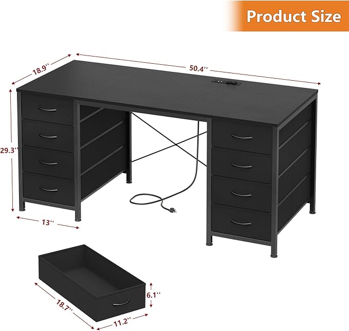 50 Inch Computer Desk with 8 Drawers for Home Office, Bedroom, Living Room | Home Office Desks with Power Outlets, Work Study Gaming Desk with 8 Fabric Drawers, Black