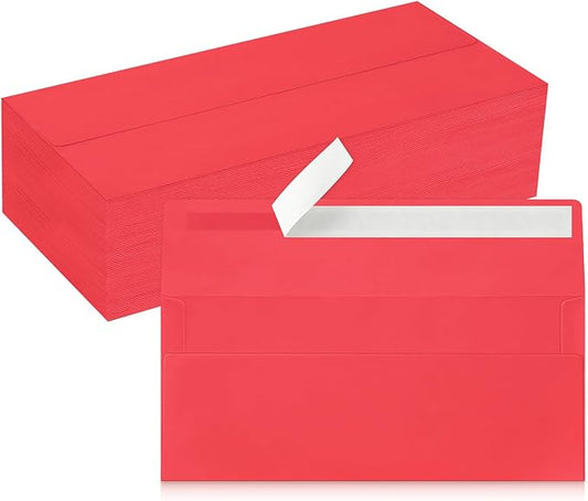 100 Pack Red #10 Business Envelopes, Christmas New Years Standard Envelopes Self Seal, Letter Size Mailing Envelopes for Checks Letters Invoices Birthday Graduation Wedding, 4 1/8 x 9 1/2 Inch
