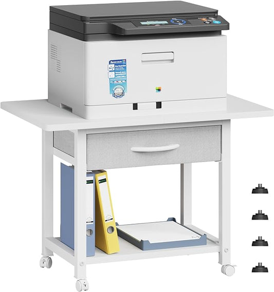 YAOHUOO 22"x15" Large Printer Stand with Drawer, 2-Tier Rolling Table Cart | Under Desk Printer Table,Storage Fabric Drawer,Fit printer/fax/3d/scanner,4 Lock Wheels or Feet,For Home Office Dorms,White