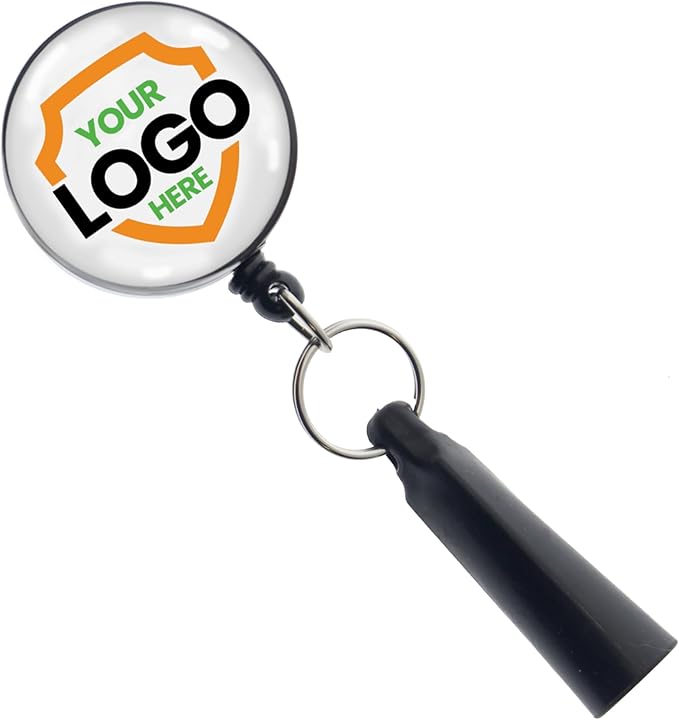 Specialist ID 25 Pack Custom Logo Retractable Pen Reel with Dome Label - Heavy Duty Personalized Marker & Pencil Holder with Metal Belt Clip for Construction, Industrial Work Gear Branding