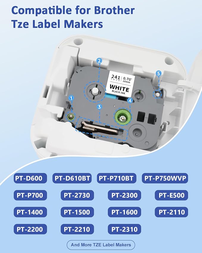 TZe-241 18mm 0.7 Laminated White Tape Compatible for Brother TZe241 Tz-241 P Touch 3/4" TZe TZ Tape for Brother Ptouch PT-D400 PT-D600 PT-D410 PT-D610BT PTD460BT Label Maker, Black on White, 4-Pack