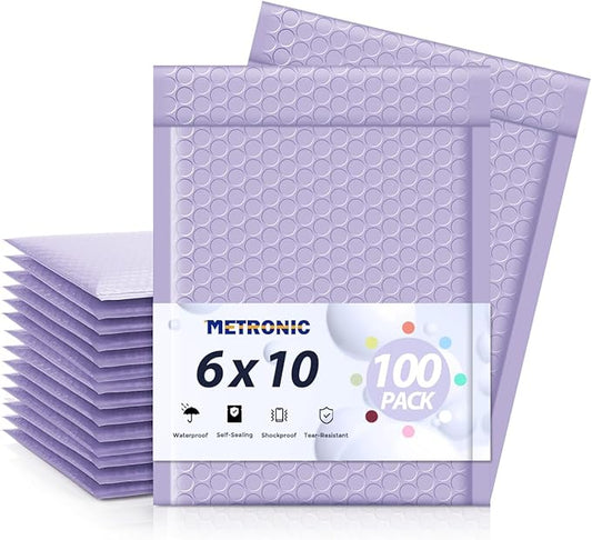 Metronic Bubble Mailers 6x10" 100 Pack Lilac Purple Self-Seal Padded Envelopes Usable Size 6x9" Waterproof Bubble Envelopes Bulk for Small Business Padded Mailers for Mailing Jewelry #0