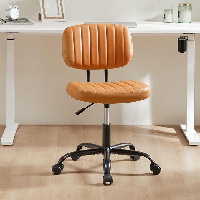 Sweetcrispy Small Office Desk Chair - Armless PU Leather with Comfy Lumbar Support, Height Adjustable Rolling Swivel Task for No Arms, for Adult, Student, Bedroom, Home, Vanity, Brown