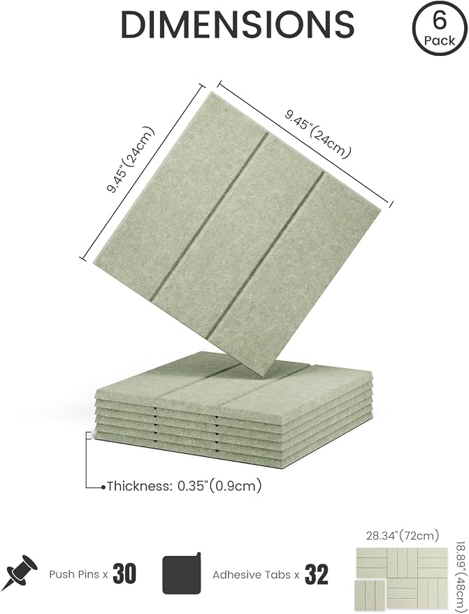 28" x 18" Felt Bulletin Board Tiles, Bold Stripe, Sage | 6-Pack Cork Board Alternative, 30 Adhesive Tabs, Push Pin Board, Wall Decor, Office, Home, Classroom, Dorm