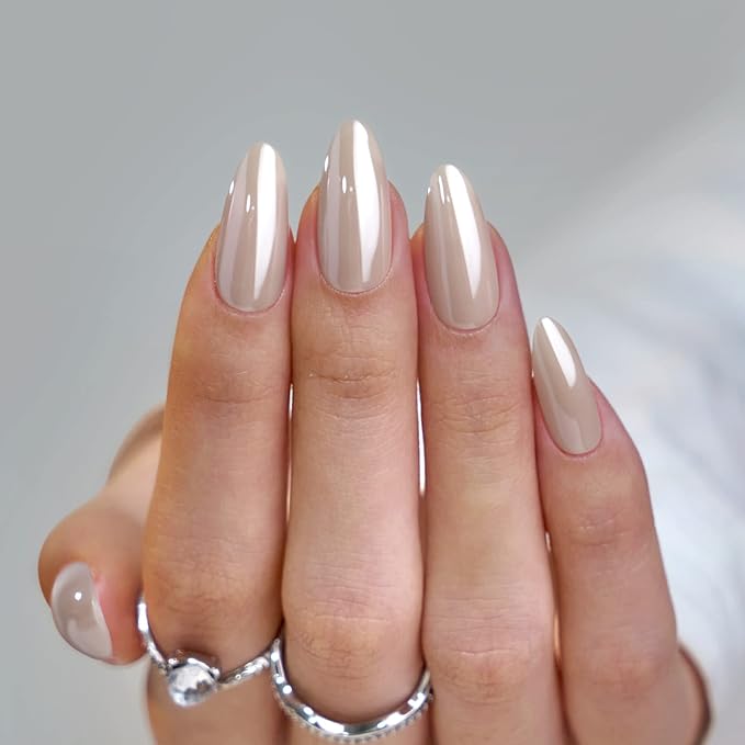 BTArtbox Press On Nails Almond - Medium Soft Gel Chrome Nails, Glue On Nails with Nail Glue, Reusable Stick On Nails in 16 Sizes - 32 Soft Gel Fake Nails Kit, Nuts Glazed