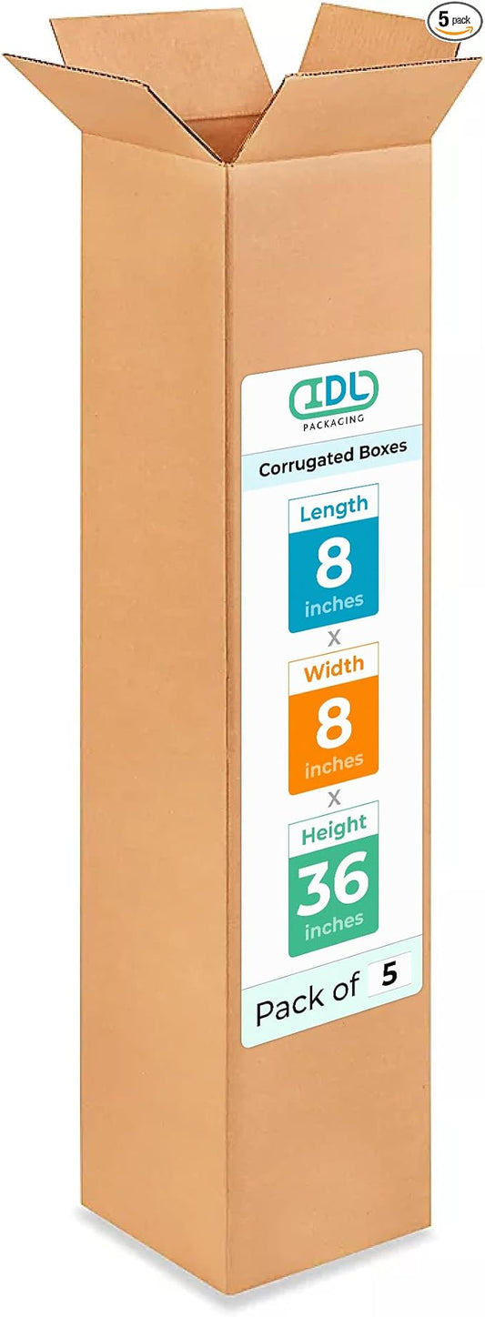 Tall Moving & Shipping Boxes 8 x 8 x 36 inches (5-Pack) - Extra Strength 200 lb vs Regular - USA-Made Corrugated Packing Boxes for Delivery - Packaging Box for Shipping by IDL Packaging -