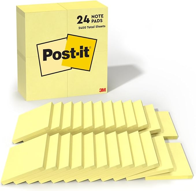 Post-it Notes, 3 in x 3 in, 24 Sticky Notes Pads, 100 Sheets per Pad, The Iconic Canary Yellow Note, New Year Organization or Second Semester School Supplies