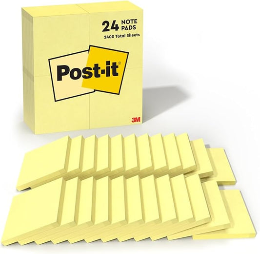 Post-it Notes, 3 in x 3 in, 24 Sticky Notes Pads, 100 Sheets per Pad, The Iconic Canary Yellow Note, New Year Organization or Second Semester School Supplies