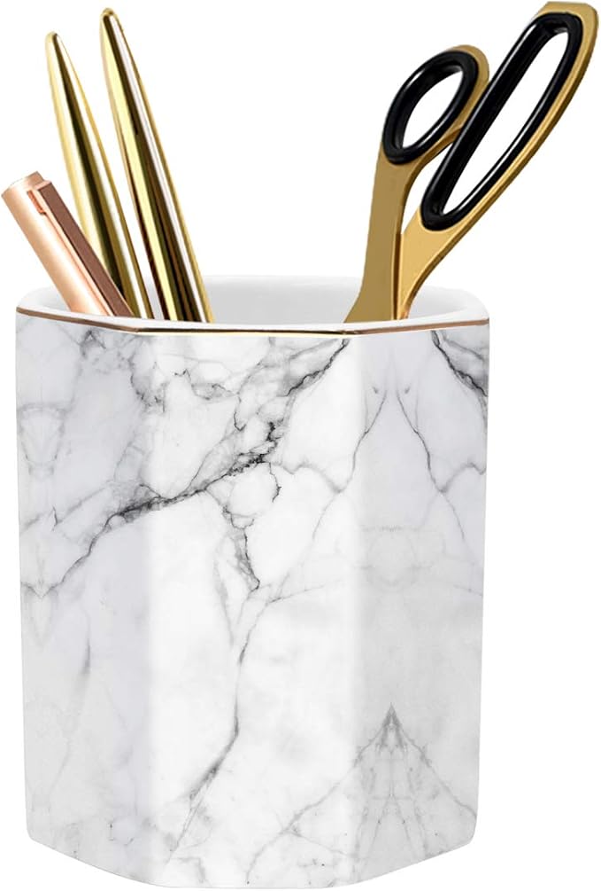 Pen Holder, Stand for Desk Pencil Cup for Girls Kids Durable Ceramic Desk Organizer Makeup Brush Holder for Office, Classroom, Home, White Marble