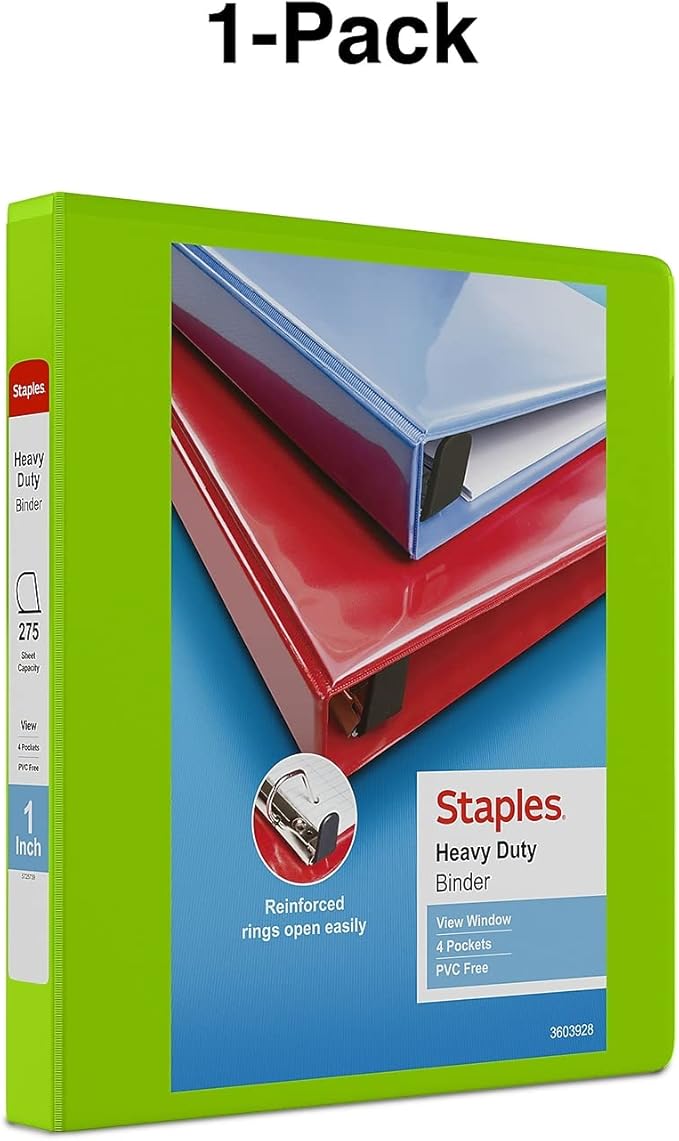 Staples Heavy-Duty 1-Inch D-Ring View Binder, Reinforced Spine, Holds Up to 275 Sheets, Chartreuse, for Office & School