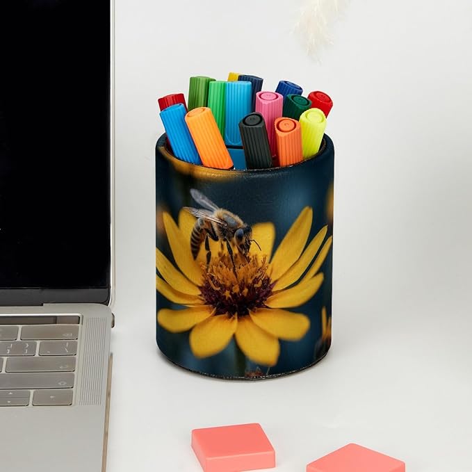 Leather Pen Holder for Desk, Honeybee Pencil Cup Pen Organizer Makeup Brush Holder for Office Home Kids Countertop Desk Accessory Storage