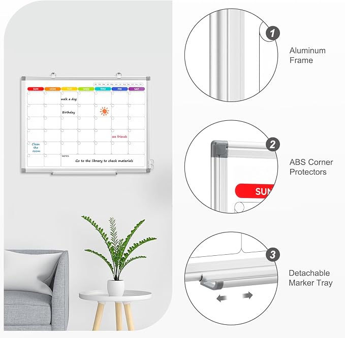 Colorful Dry Erase Calendar Whiteboard for Wall 24x18 Double-Sided Magnetic | Monthly Calendar, 7 Color Design, Wall Mount Hanging, Aluminum Frame, Smooth Dry Erase, Home School Office, Complete Kit
