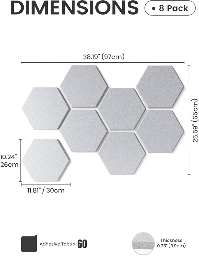 Fluxynara 8-Pack Hexagon Felt Bulletin Board Tiles, Soft Gray-1 | Cork Board Alternative with 50 Adhesive Tabs for Notes, Photos and Reminders in Home Offices, Dorm and Classrooms
