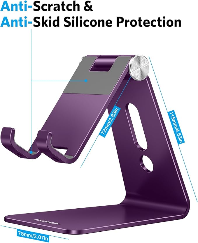 OMOTON C2 Adjustable Cell Phone Stand with Charging Cutout, Deep Purple | Sturdy 3mm Aluminum, Charging Port, 270° Adjustable, Non-Slip Silicone Pads, Works with Thick Cases, for All Smartphones