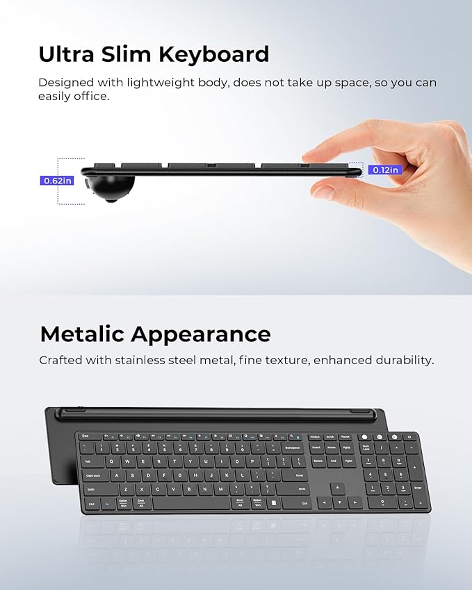 seenda SKM64-3 Wireless Bluetooth Keyboard Mouse Combo for Windows and Mac | USB and dual Bluetooth multi-device switching, quiet, rechargeable, full-size slim set for PC, MacBook, iPad, Black