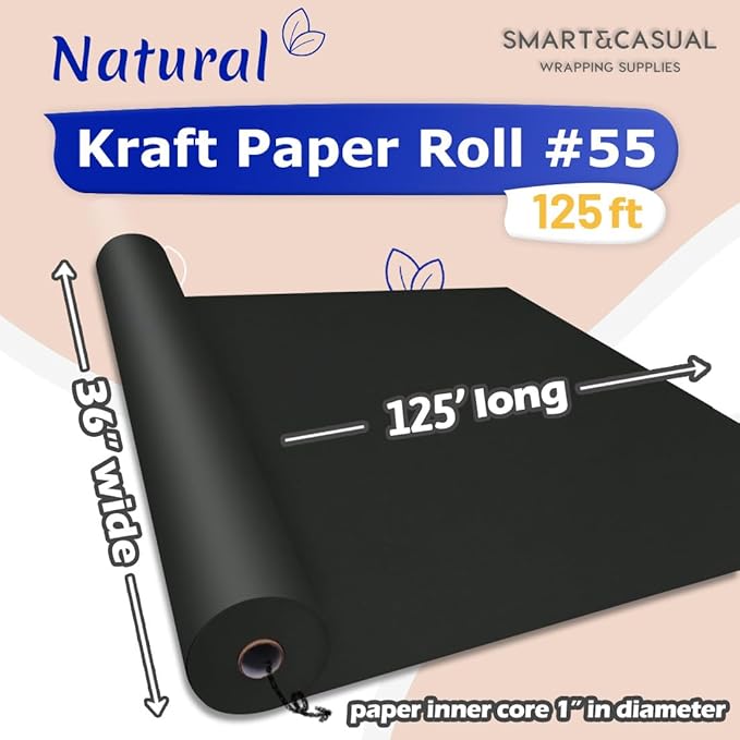 SMART&CASUAL 36" x 1,500" (125') Black Kraft Craft Paper Roll for Gift Wrapping Bulletin Board Bouquet Flower Kids Art Packing Parcel Table Covering 80GSM 55LB (Black, 36" x 125')