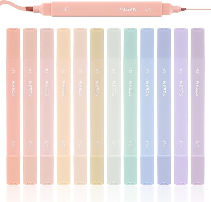 YISAN Pastel Highlighter Pens,Double Tip 12 Colors Bible Highlighter Markers no bleed,70924