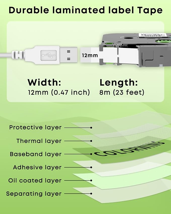 COLORWING Replace for Brother TZe-231 P-Touch Label Tape TZ Tape 12mm 0.47" | TZ 231 Label Maker Tape Laminated White 0.47" 1/2 inch for Brother Ptouch PT-D210 D220 H110 H103W D400 1280 Refills, 5-Pack