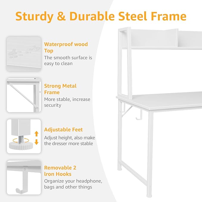 DLisiting White Computer Desk with Hutch & Drawers - Office Desk with 3 Storage Drawers and Power Outlets, 47 Inch Modern Study Writing Desk for Bedroom Home Office
