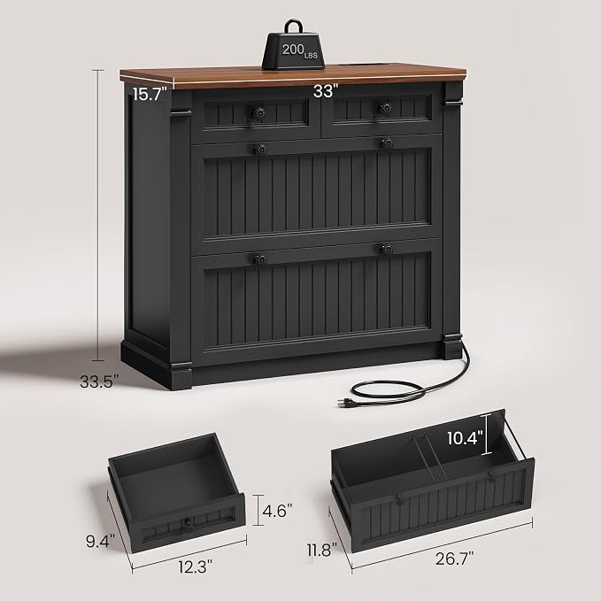 SEDETA 4 Drawers File Cabinet, 33" Farmhouse Filing Cabinets for Home Office fit Legal/Letter/A4 File, Wood Office File Cabinet with Power Outlets, Printer Stand with Storage, Black+Brown
