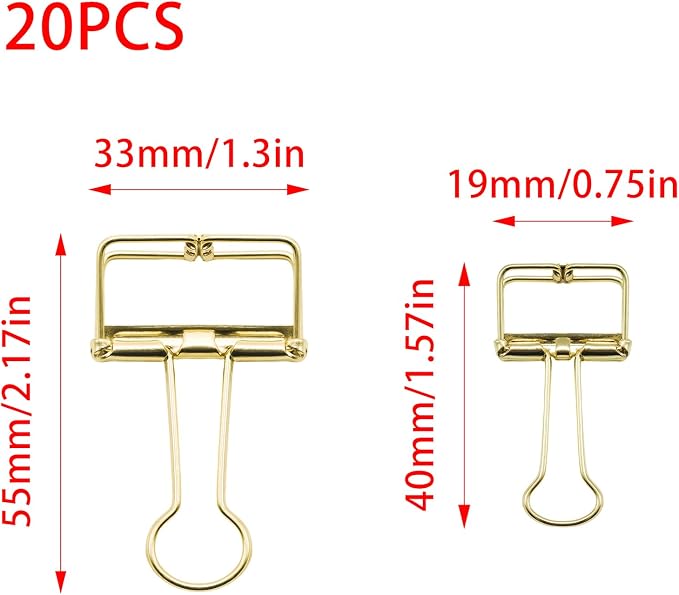 20 Pcs Hollow Out Long Tail Wire Binder Clips, 10 Medium + 10 Small | Gold, Assorted Sizes, Hollow Binder Clamps, Paper Binder Clips for Office School Supplies