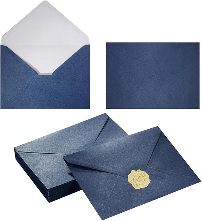 50 Pieces Shiny Envelopes with Gold Stickers, Navy Blue, 4x6 | Gold Stickers Included, For Wedding Invitations, For Graduation, For Baby Shower, For Greeting Cards