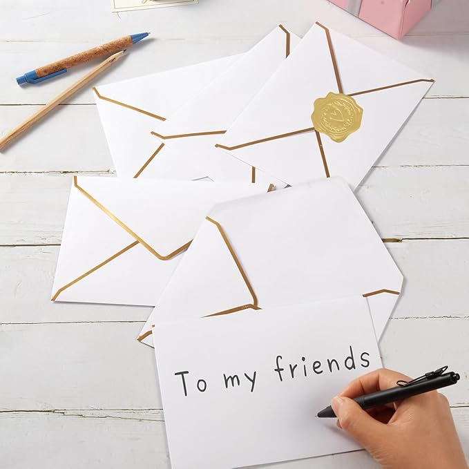 50 Pieces White A4 Envelopes with Gold Border, 4.25x6.25 Inches Envelopes with Gold Stickers for Greeting Cards and Invitation (A4-4x6)