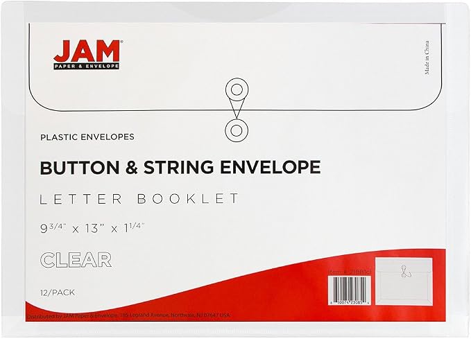 JAM PAPER Plastic Envelopes with Button & String Tie Closure - Letter Booklet - 9 3/4 x 13 - Clear - 12/Pack