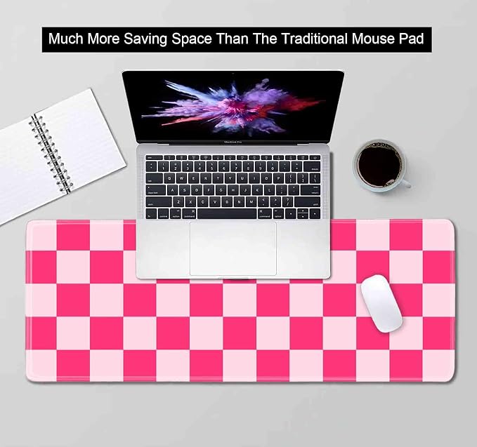 Hot Pink Cool Large Gaming Mouse Pad XL, Aesthetic Checkered Desk Pads, Computer Extended Mouse Pad Girly Women Design Kids Girls Teen Pretty Modern Decorative Art Office Mousepad for Laptop