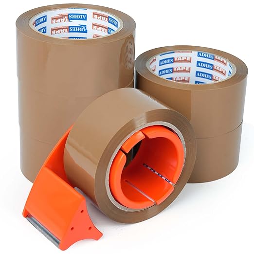 ADHES Brown Packing Tape with Dispenser, 1.88 Inch x 55 Yards | 6 Rolls Heavy Duty Shipping Tape for Moving Boxes, Packaging and Storage, Strong Adhesive