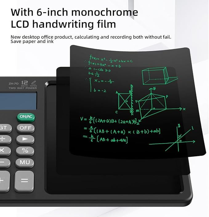 Desk Calculator with Erasable Writing Pad, 12-Digit Wide Screen Display, 100,000+ Reusable LCD Notepad, One-Click Clear & Lock Function, Solar and Battery Dual Power for Office,School,Business (Black)