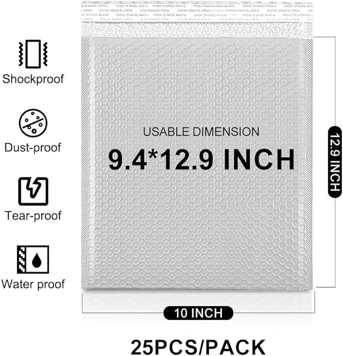 Koja 10 X 13” Padded Bubble Mailers 25-Pack. Quality Mailing and Shipping Envelopes and Bags with 10 X 12" Usable Size. Extra-thick Padding. Fast and Easy Self-seal Envelope. (White)