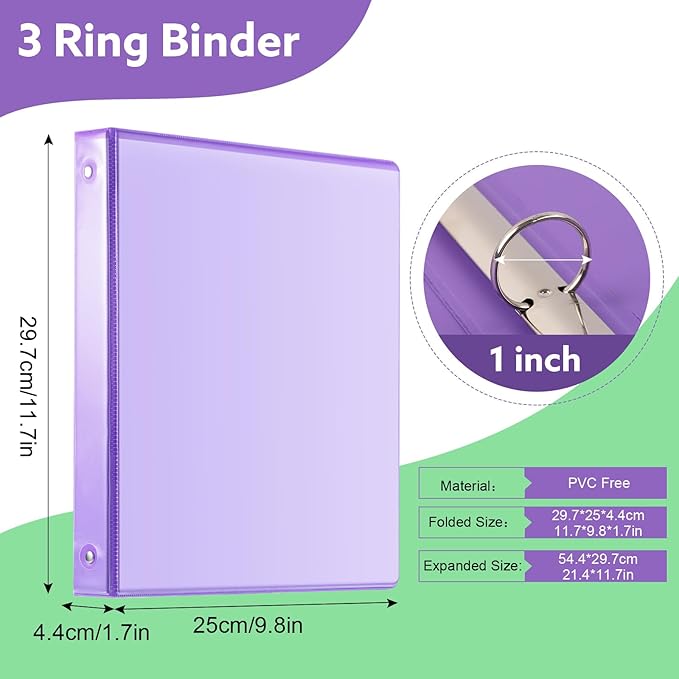 3 Ring Binder - 6 Pack, 1 Inch Binder with 2 Interior Pockets & Clear View Overlay, Large Capacity, Round Ring Binders for Office Supplies, School & Home (6 Colors, Rainbow Colors)