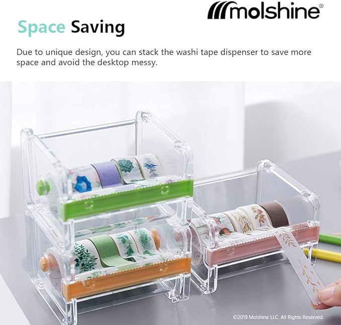 molshine 2 Pack Transparent Desktop Multi Washi Masking Tape Storage Dispenser,Tape Cutter,Tape Roll Holder (Not Include Masking Tape) (Green)