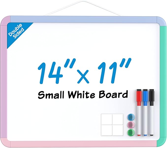 MaxGear Small White Board for Wall, 14"x 11" Mini Double-Sided Magnetic Hanging Dry Erase Board with Markers, Portable Whiteboard for Planning, Drawing, Memo, to Do List, Macaron Multicolor Frame