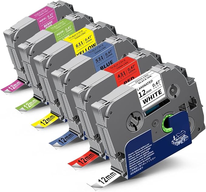 6-Pack Tze 12mm 0.47" Multi-Color Compatible for Brother 12mm Label Tape | Tze431 Tze531 Tze631 Tze MQG35 MQP35 P Touch Tz Tape 12mm 0.47" Laminated White for PT1750 PTD220 PTD210 PTD400 PTD610BT