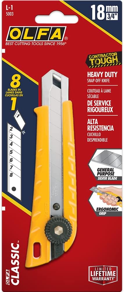 OLFA 18mm Heavy-Duty Utility Knife (L-1) - Multi-Purpose Custom Cutting Depth Utility Knife w/Ergonomic Grip Handle & Snap-Off Blade, Replacement Blades: Any OLFA 18mm Blade