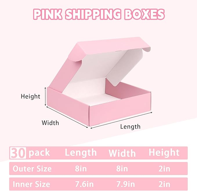 FORBFAN 8x8x2 Pink Shipping Boxes Small 30 Pack, Mailer Boxes for Small Business, Corrugated Cardboard Boxes for Packaging Mailing Shipping
