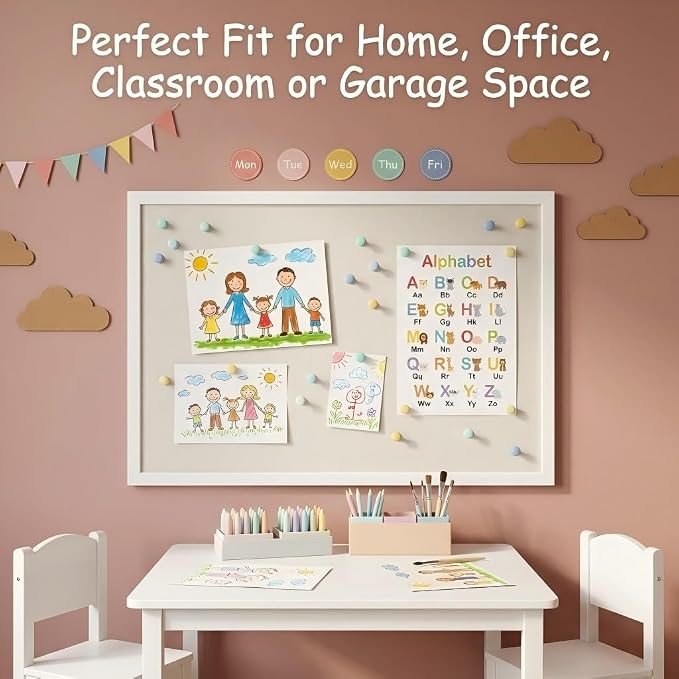 Gideal Cork Board with Pine Wood Frame, Bulletin Board with Linen Surface | 36" x 24" Wall Mounted Pin Board for Home Office, Kitchen, Classroom, White