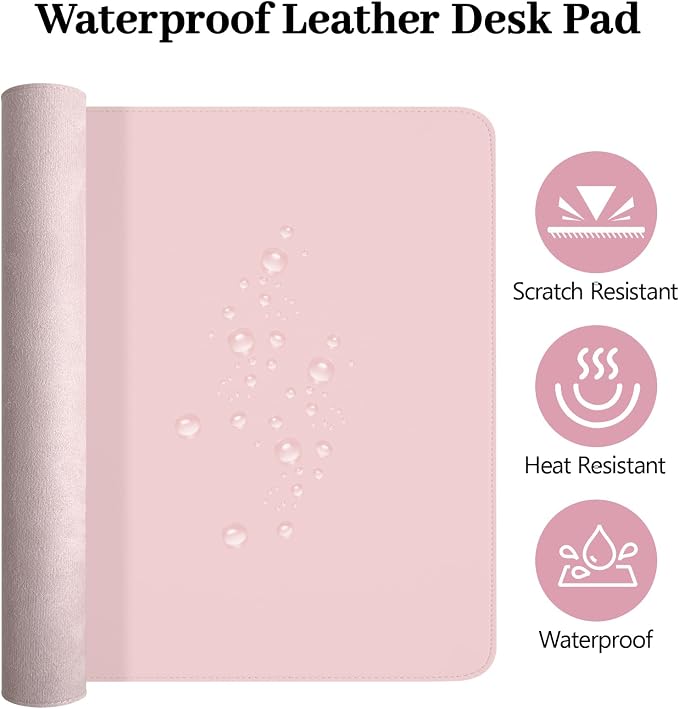Pink Leather Desk Pad and Keyboard Wrist Rest, 31.5"x15.7" | 3in1 Mouse pad + Keyboard Wrist Rest + Mouse Wrist Rest, Non-Slip Waterproof Desk Writing Pad for Office and Home