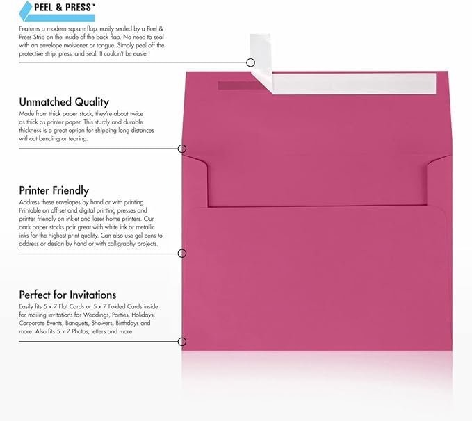 LUXPaper A7 Invitation Envelopes | Peel & Press | 5 1/4" x 7 1/4" | Magenta Pink | 80lb. Text | 500 Qty