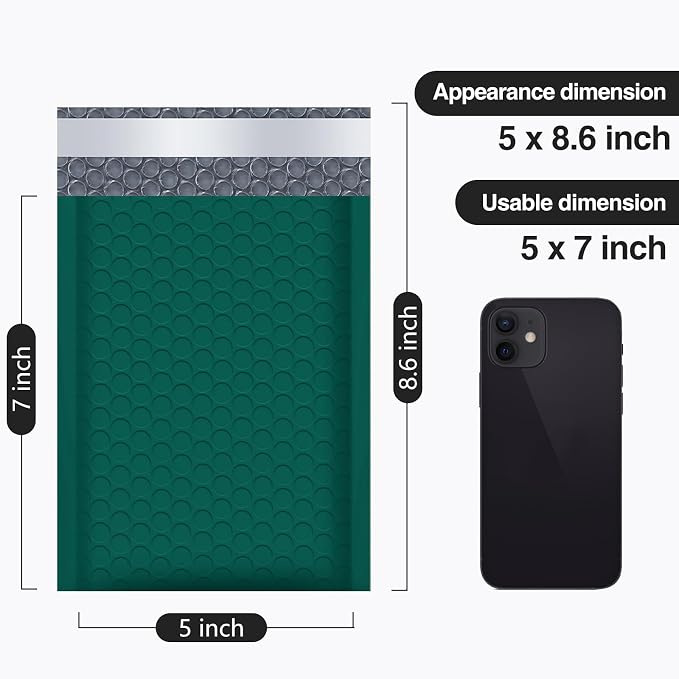 UCGOU Bubble Mailers 5x8.6" Usable Size 5x7" Padded Envelope Green 100 Pack | Waterproof Lightweight Mailing Packages,Opaque Self Seal Adhesive Boutique Padded Shipping Bags for Jewelry Makeup Supplier