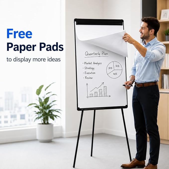 Magnetic Whiteboard Easel Dry Erase Board with Tripod Stand, 36"x24", Black | Portable Height Adjustable 3' x 2' Dry Erase Easel with Flipchart Paper Pad, Magnets & Eraser, For Class Office School