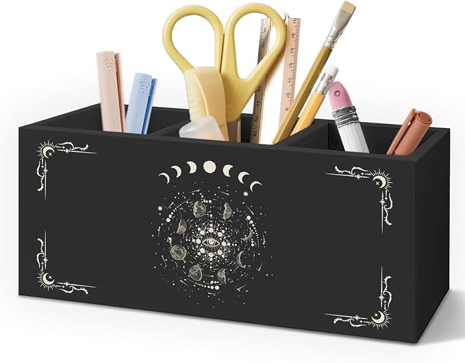 Gothic Office Decor Black Wooden Pen Pencil Holder for Desk Accessories, Dark Gothic Witchy Aesthetic Wood Makeup Brush Toothbrush Holder Organizer for Vanity Bathroom