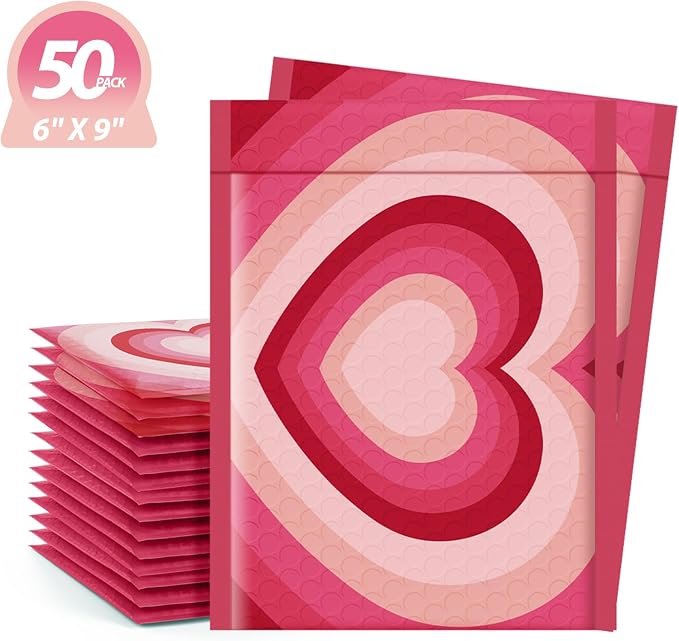 Metronic Cute Bubble Mailers 6x10 Inch 50 Pack Padded Envelopes Sweet Heart | Usable Size 6x9" Bubble Mailer Self Seal Waterproof Padded Mailing Envelopes for Shipping Gift, Jewelry, Makeup, Small Items