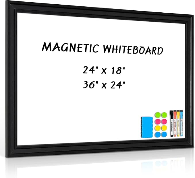 White Board for Wall, 36'' x 24'' Magnetic Dry Erase Board, Black | Wooden Frame, Decorative Whiteboard, Wall Mounted, for Home, Office, Kitchen, Dorm, 4 Markers, 6 Magnets, A Eraser