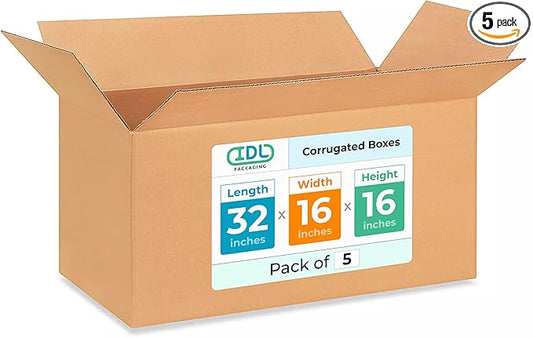 Extra Large Shipping & Moving Boxes 32 x 16 x 16 inches (5-Pack) - Extra Strength 200 lb vs Regular - USA-Made Corrugated Heavy Duty Moving Boxes - Durable Large Cardboard Moving Box by IDL Packaging