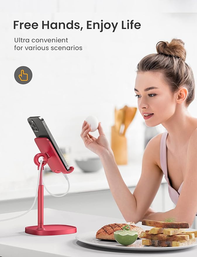 LISEN Cell Phone Stand Adjustable Phone Holer for Desk, Computer Office Desk Accessories for iPhone 16 Holder Women Kitchen Essentials Fits All Mobile Phones Switch Kindle iPads Tablet 4-10in Red
