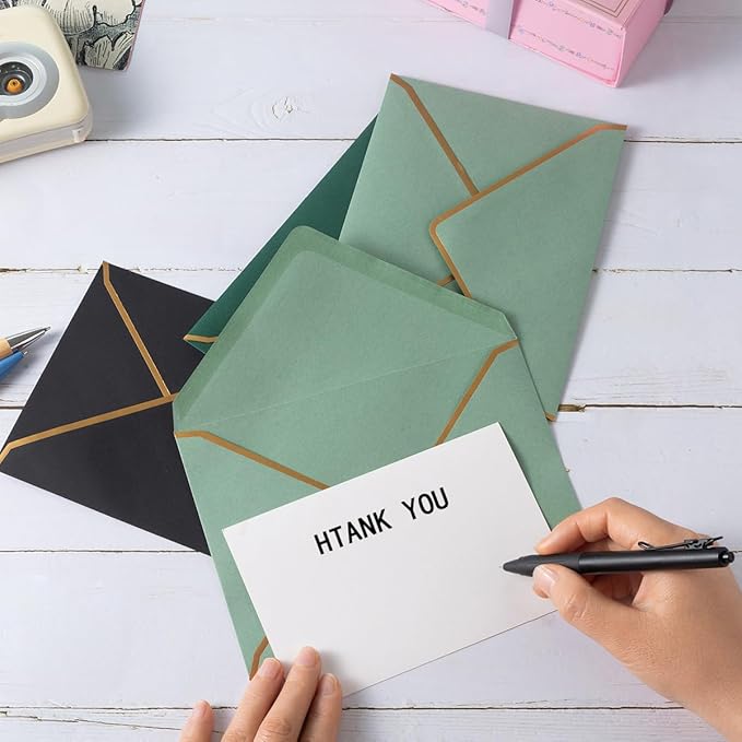 50 Pieces Dark Green A4 Envelopes with Gold Border, 4.25x6.25 Inches Envelopes with Gold Stickers for Greeting Cards and Invitation (A4-4x6)