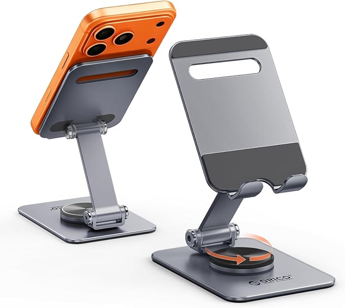ORICO Aluminum Phone Stand for Desk, Adjustable Metal Phone Holder with Stable Support and Smooth 360° Rotation for Smartphones up to 6.9 Inches – Gray (PS2)